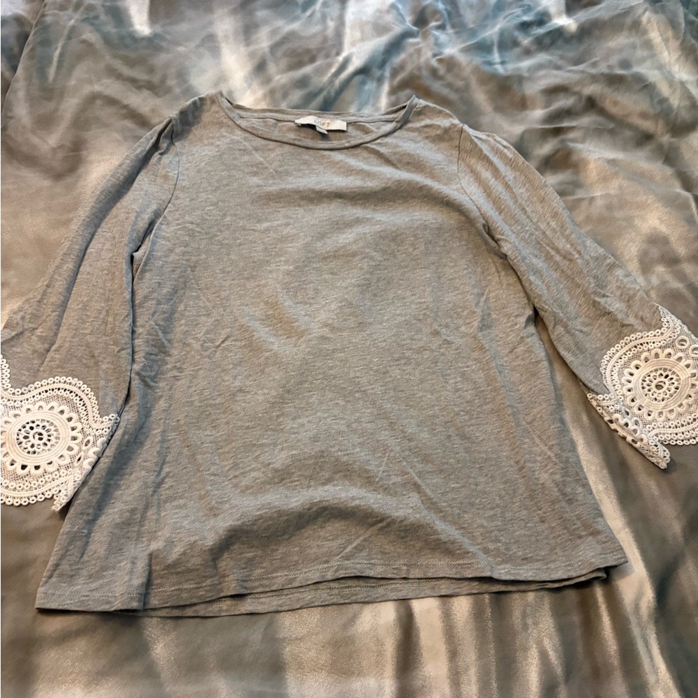 LOFT Gray Blouse with White Lace Sleeves